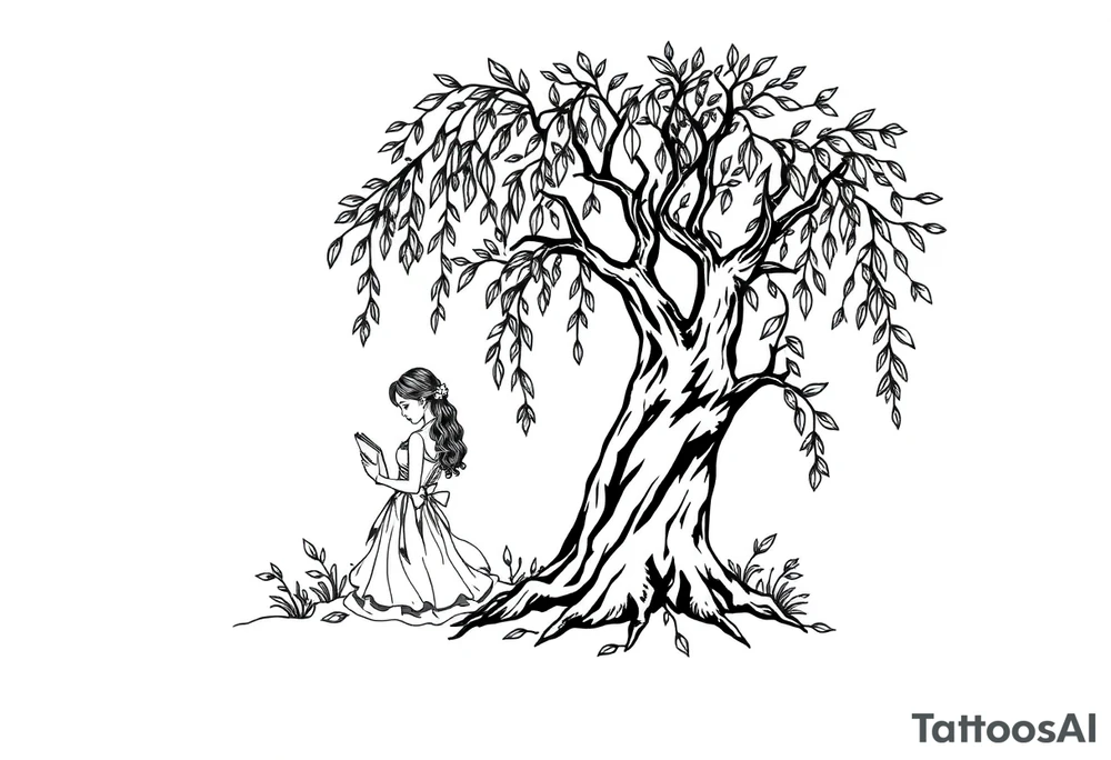 Magical woodland scene with a pretty girl reading a book leaning against a very pretty willow tree tattoo idea