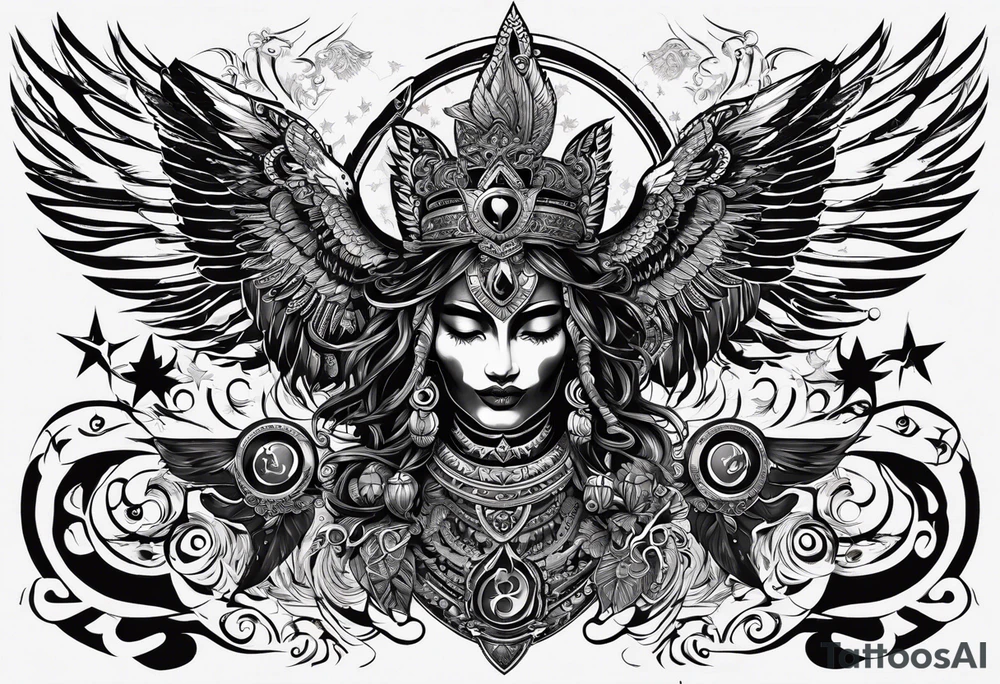 black kali, goddess pirate, alien, angel, pachamama, valkrye, warrior, flying, skull, lotus azul, wing, eagle, zenza resonance, stars, 5D, anahata chakra, death, durga, riding on a tiger tattoo idea