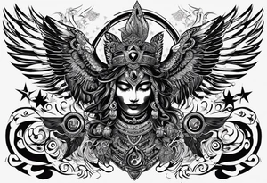 black kali, goddess pirate, alien, angel, pachamama, valkrye, warrior, flying, skull, lotus azul, wing, eagle, zenza resonance, stars, 5D, anahata chakra, death, durga, riding on a tiger tattoo idea