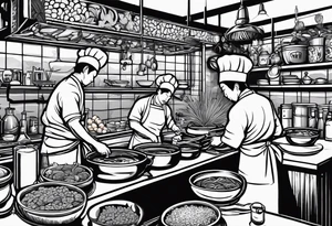 Create a bar scene with dog faced minimalist figures cooking in a restaurant as chefs making ramen in all stages of prepping, cooking and plating and sending food out tattoo idea