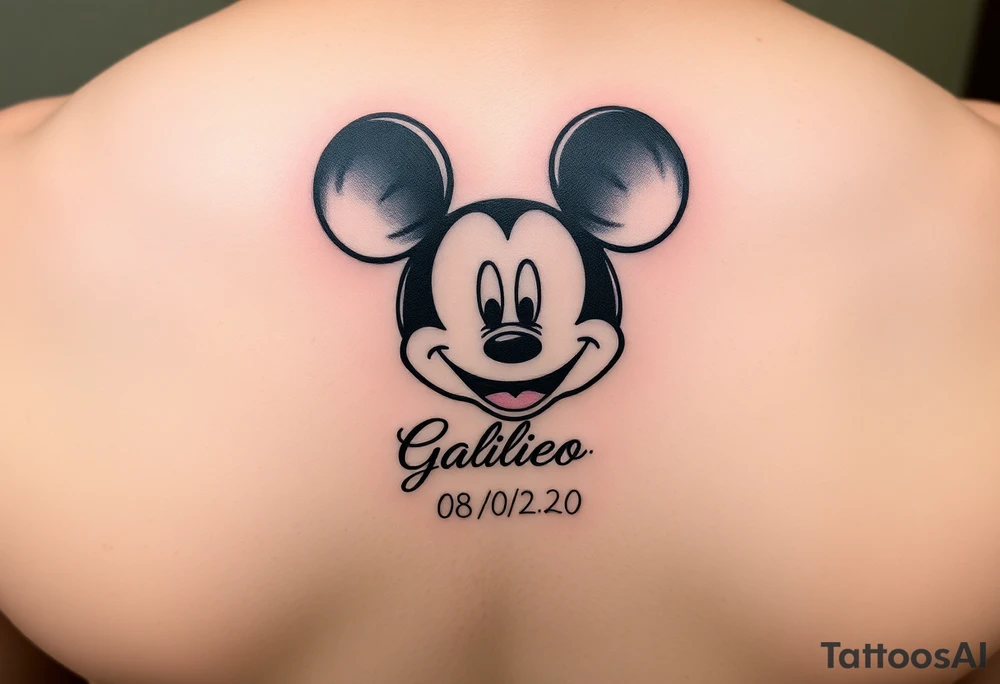 mickey mouse symbol with the name Galileo and the date 08/14/20 incorporated tattoo idea