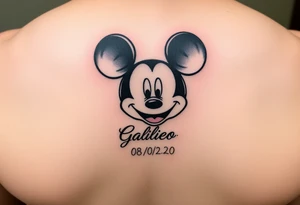 mickey mouse symbol with the name Galileo and the date 08/14/20 incorporated tattoo idea