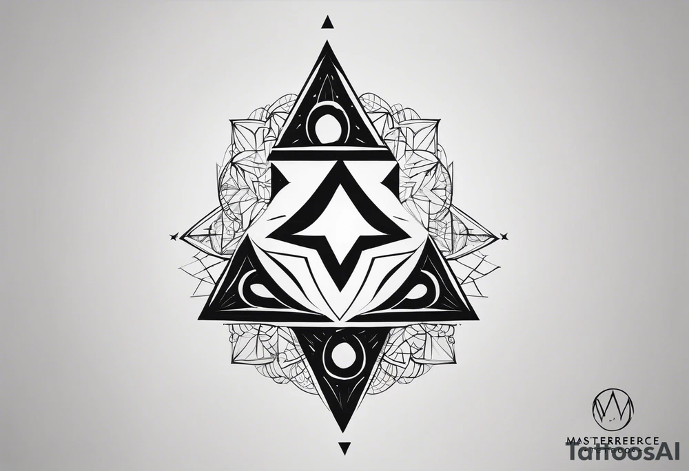 “Generate a minimalist tattoo design with three filled-in shapes arranged in a triangle formation. The top shape should be a geometric heart representing health, the bottom left a compass rose symbolizing purpose, and the bottom right three circles forming a triangle to signify family. The design should focus solely on the filled-in shapes without any additional ornaments, emphasizing simplicity and clean lines.” tattoo idea