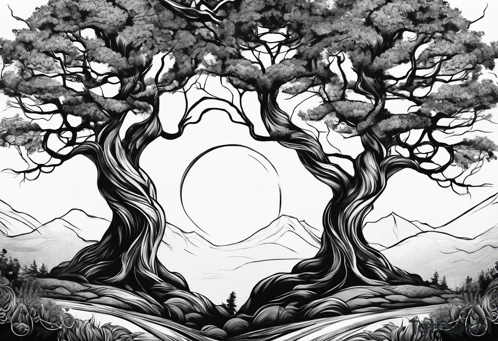 Two seperate trees twisting their trunks together tattoo idea
