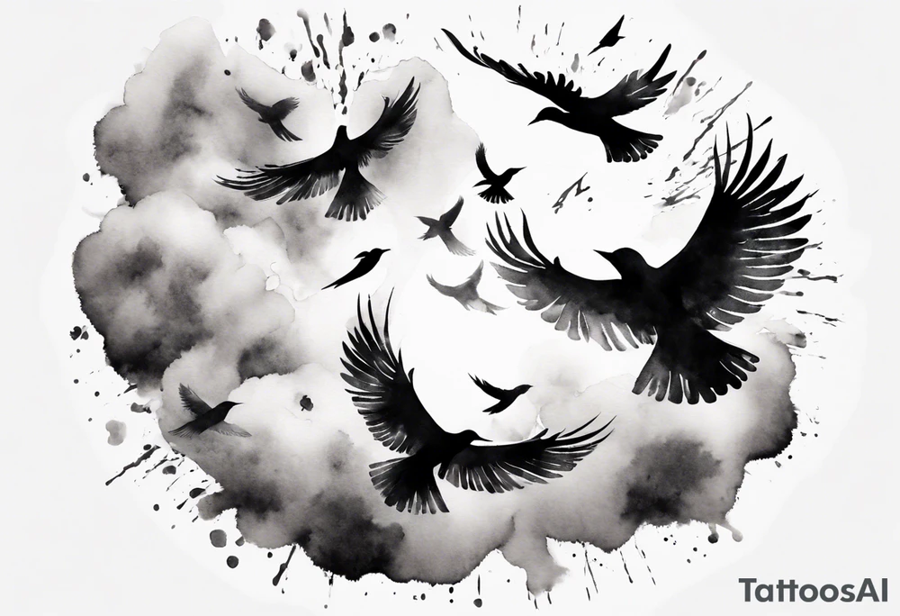 shoulder tattoo with light rays with birds flying free among the clouds, round shape, 3d effect tattoo idea