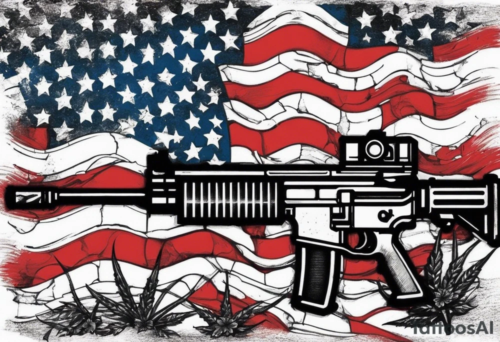 Distressed American flag behind a cross with 2 guns leaned on it simpler tattoo idea