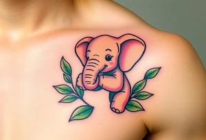 A baby elephant holding its elephant mama trunk, surrounded by soft green leaves and warm earth tones, symbolizing guidance and protection tattoo idea