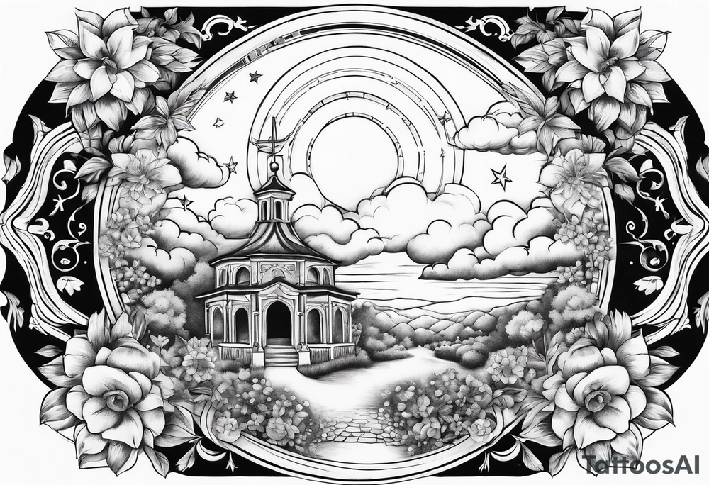 heaven town with arch
 in circle vignette surrounded by clouds flowers stars tattoo idea