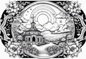 heaven town with arch
 in circle vignette surrounded by clouds flowers stars tattoo idea