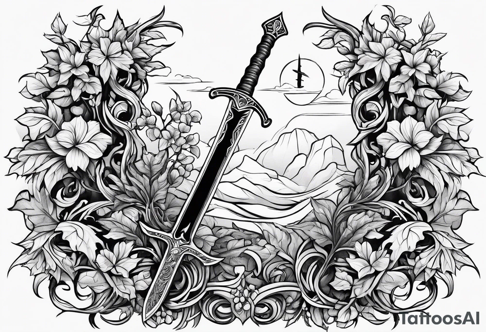 Leafy vines with sword tattoo idea