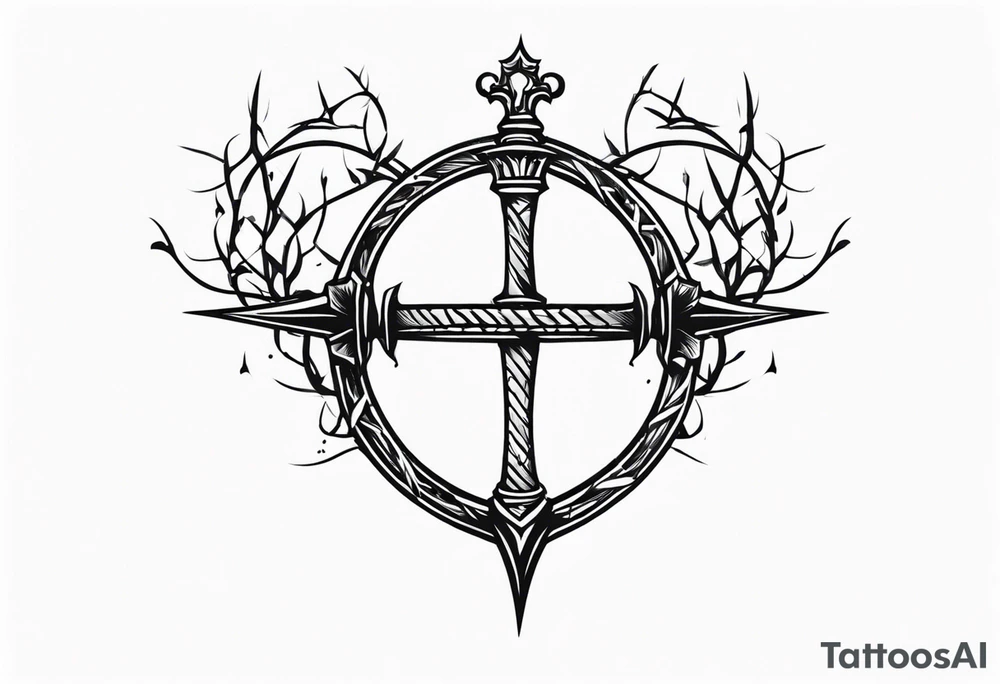 A simple design of a crown of thorns resting on the guard of a sword that is piercing a heart tattoo idea