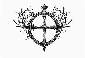 A simple design of a crown of thorns resting on the guard of a sword that is piercing a heart tattoo idea