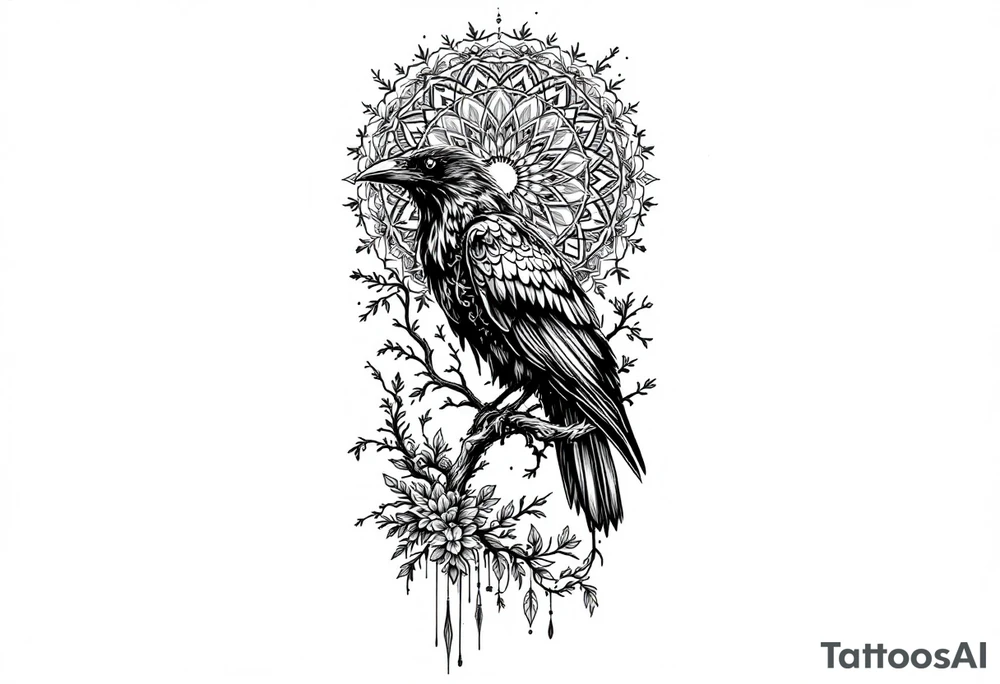 left arm tattoo of a raven on a branch surrounded by mandala tattoo idea
