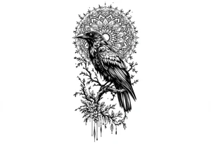 left arm tattoo of a raven on a branch surrounded by mandala tattoo idea