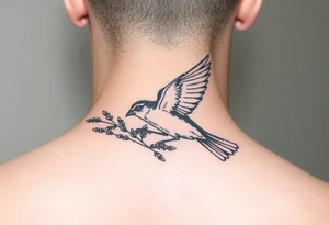 neotraditional sparrow flying with a twig of lavender in the claw tattoo idea