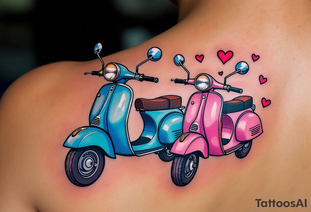 2 scooters, blue and pink, riding together in love tattoo idea