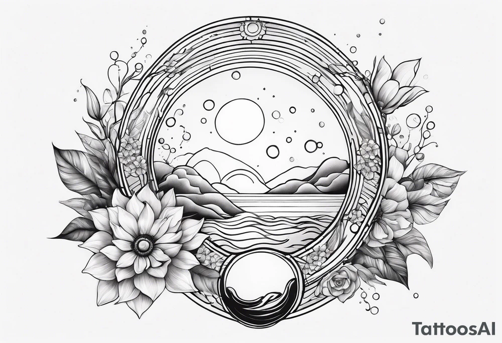 Water element, with half a sun, some flowers and water dots , long shape tattoo idea