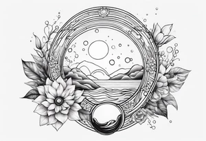 Water element, with half a sun, some flowers and water dots , long shape tattoo idea