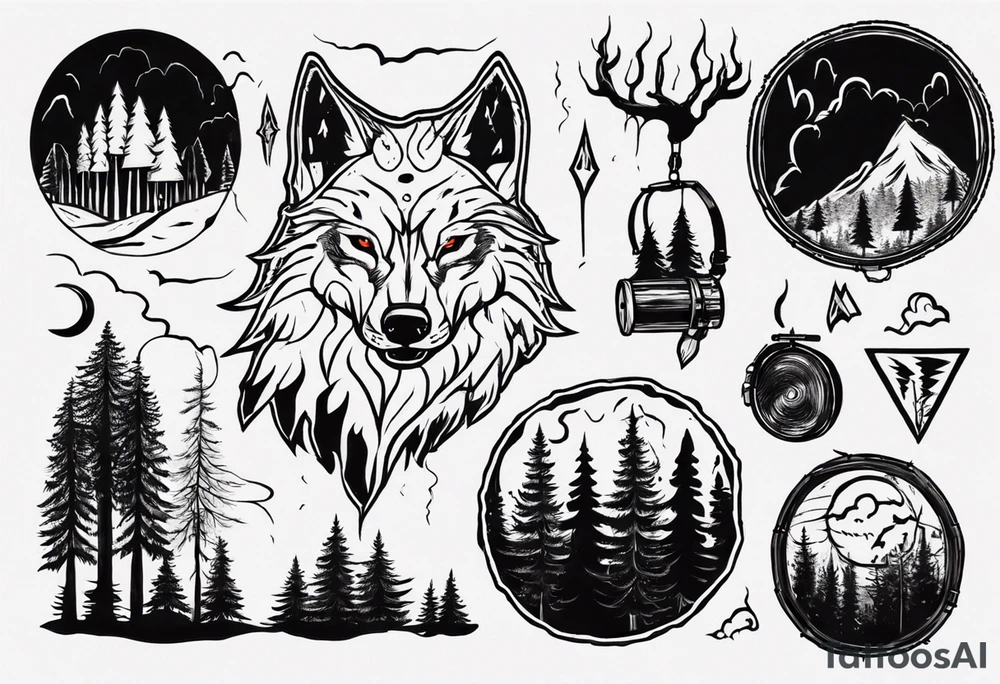 thunderstorm over a forest with a wolf howling on drums tattoo idea thunderstorm over a forest with a wolf howling on drums tattoo idea