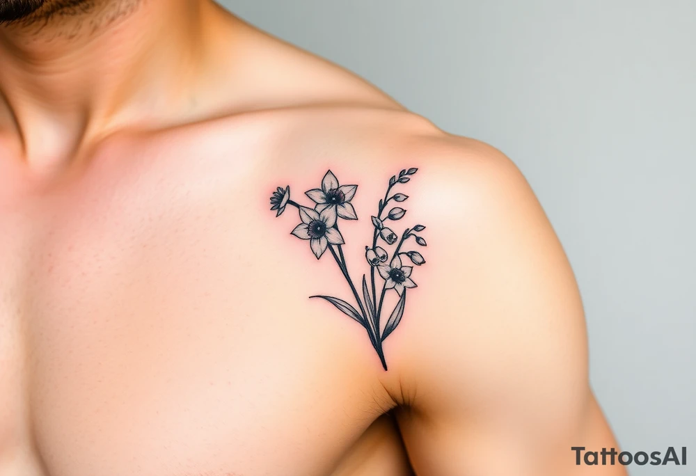 Feminine daffodils, Lily of the valley and larkspur bouquet tattoo idea