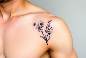 Feminine daffodils, Lily of the valley and larkspur bouquet tattoo idea