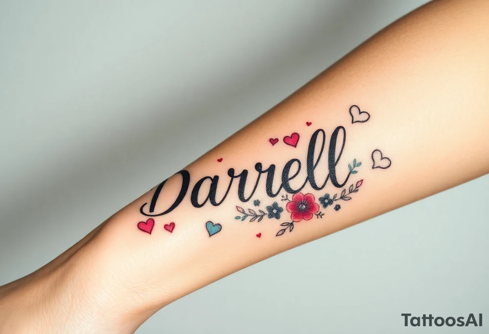 "Darrell" in 1 in cute font, inner forarm starting near elbow and going toward wrist, whimsical, bright colors, surrounded with hearts, flowers and fairies tattoo idea