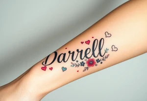 "Darrell" in 1 in cute font, inner forarm starting near elbow and going toward wrist, whimsical, bright colors, surrounded with hearts, flowers and fairies tattoo idea