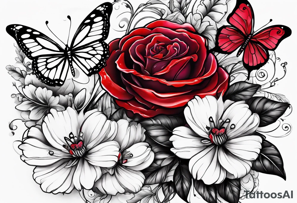 Flowers with "Ruby" in calligraphy font and butterflies around it tattoo idea