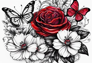 Flowers with "Ruby" in calligraphy font and butterflies around it tattoo idea