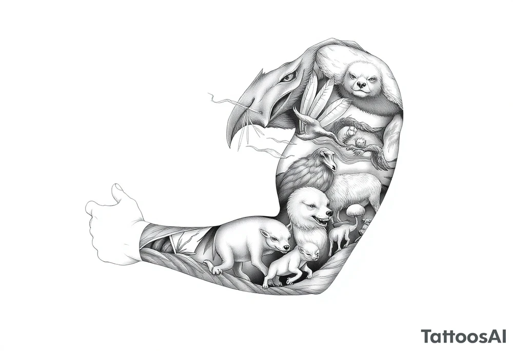 Create a scenic nature half sleeve for a man. Add lots of details including animals. tattoo idea