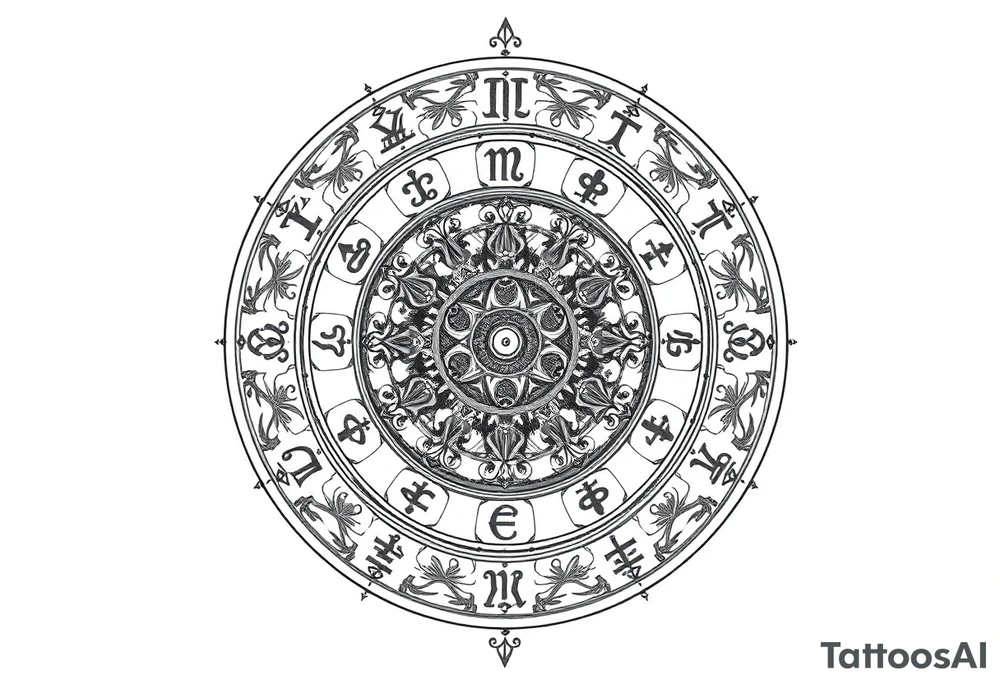 zodiac symbols and Norse runes within ornate clockwork mechanism tattoo idea