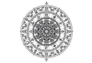 zodiac symbols and Norse runes within ornate clockwork mechanism tattoo idea