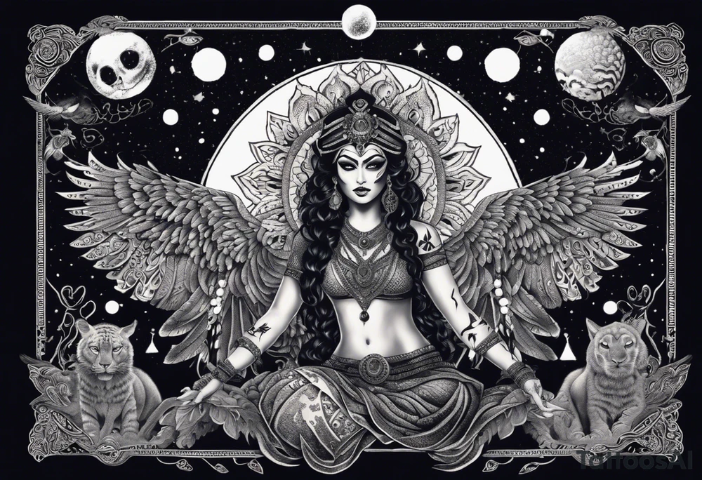 black kali, goddess pirate, alien, angel, pachamama, valkrye, warrior, flying, skull, lotus azul, wing, eagle, zenza resonance, stars, 5D, anahata chakra, death, durga, riding on a tiger, flying lady, kundalini, chest tatoo, samuri, rebel,s erpent tattoo idea