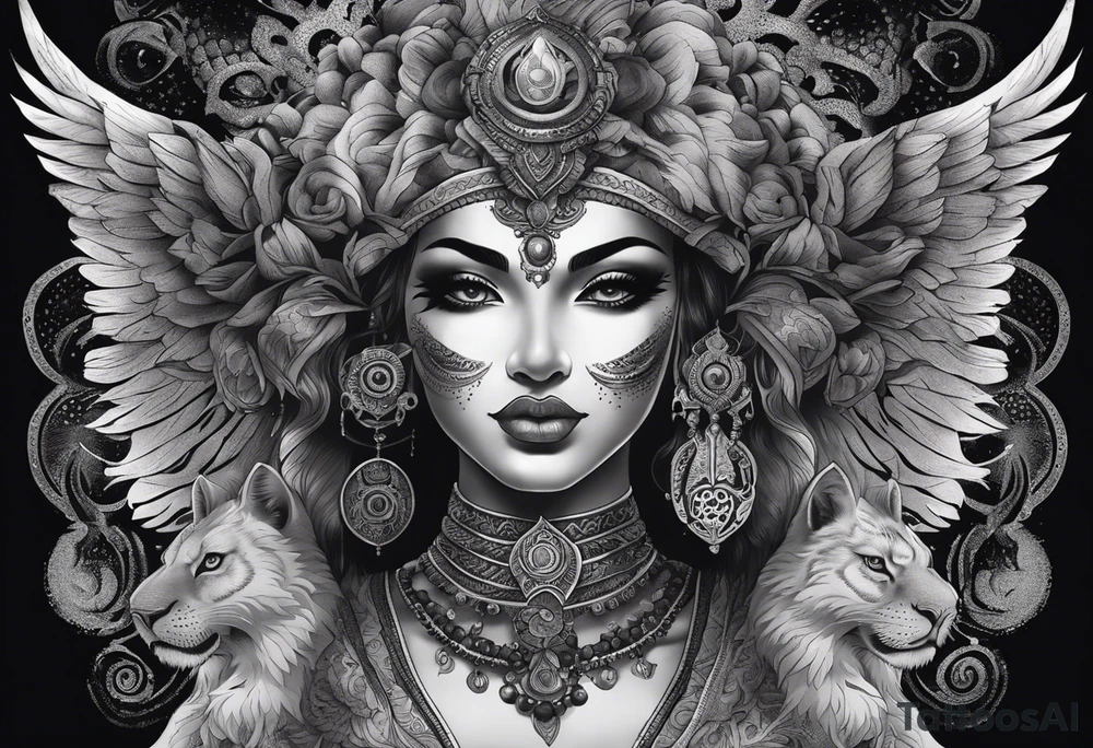 black kali, goddess pirate, alien, angel, pachamama, valkrye, warrior, flying, skull, lotus azul, wing, eagle, zenza resonance, stars, 5D, anahata chakra, death, durga, riding on a tiger, flying lady, kundalini, chest tatoo, samuri, rebel, serpent tattoo idea