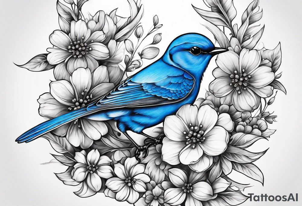 Illustrate a tattoo of a tiny bluebird with intricate feather details, surrounded by small flowers for a feminine touch. tattoo idea