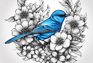 Illustrate a tattoo of a tiny bluebird with intricate feather details, surrounded by small flowers for a feminine touch. tattoo idea