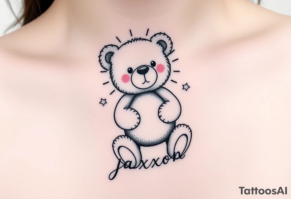 a playful teddy bear with sunshine and the name jaxxon tattoo idea