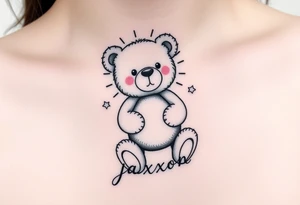 a playful teddy bear with sunshine and the name jaxxon tattoo idea