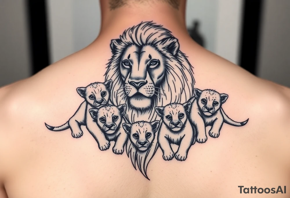 Male lion with 5 cubs tattoo idea
