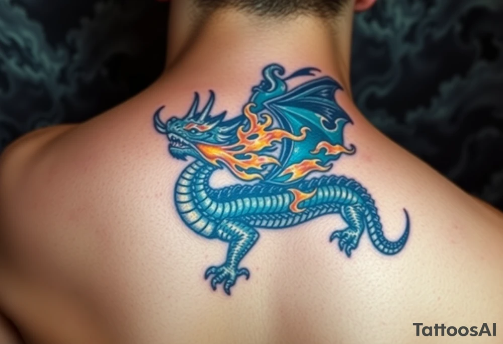 fierce dragon breathing iridescent fire against stormy skies tattoo idea