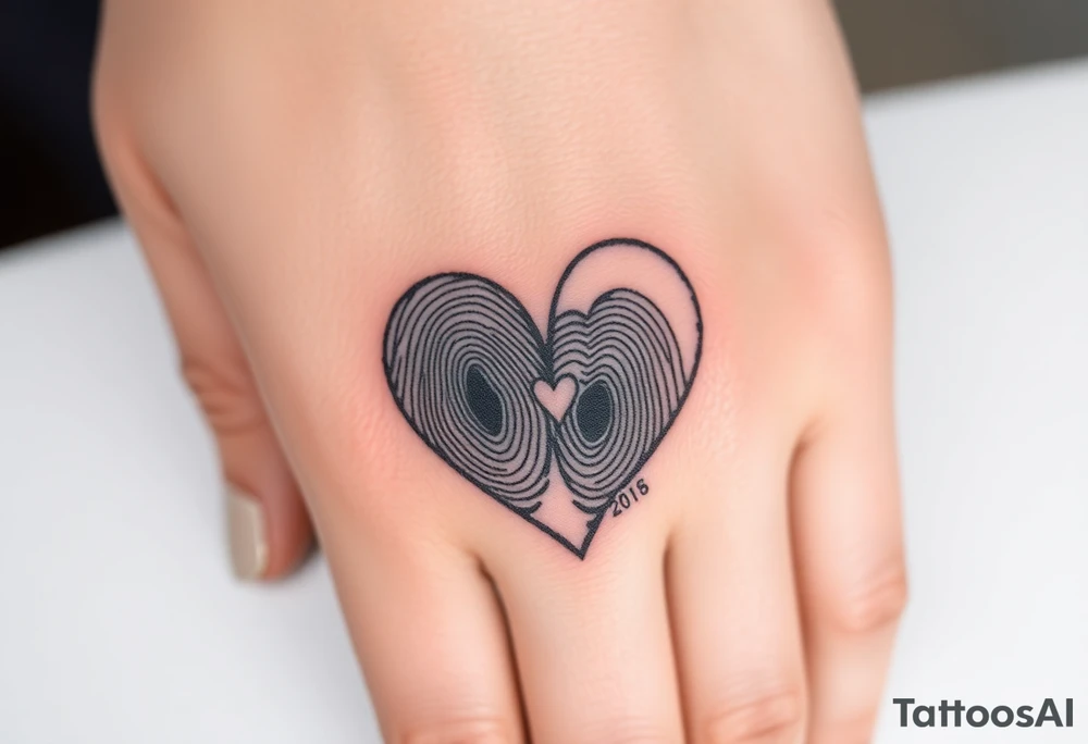 A heart-shaped fingerprint pattern, formed from the couple’s actual fingerprints with wedding date since 2018 tattoo idea