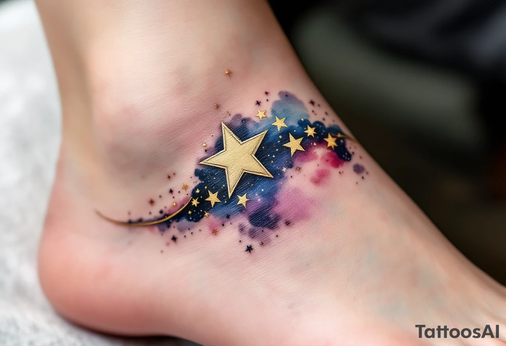 Capricorn stars inked in metallic gold, forming a delicate arc across a watercolor galaxy. tattoo idea