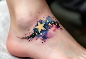 Capricorn stars inked in metallic gold, forming a delicate arc across a watercolor galaxy. tattoo idea