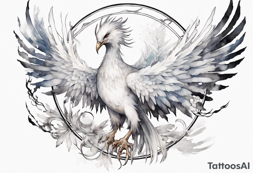 a white phoenix wearing iron halo tattoo idea