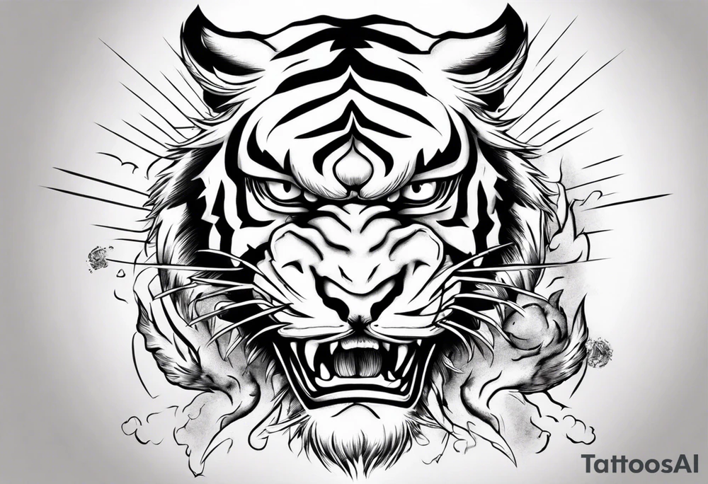 tiger warrior with lightning and the sun for a forearm sleeve tattoo idea