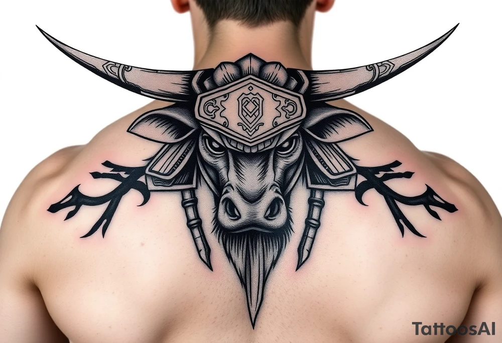 ox dressed up as masculine samurai warrior tattoo idea