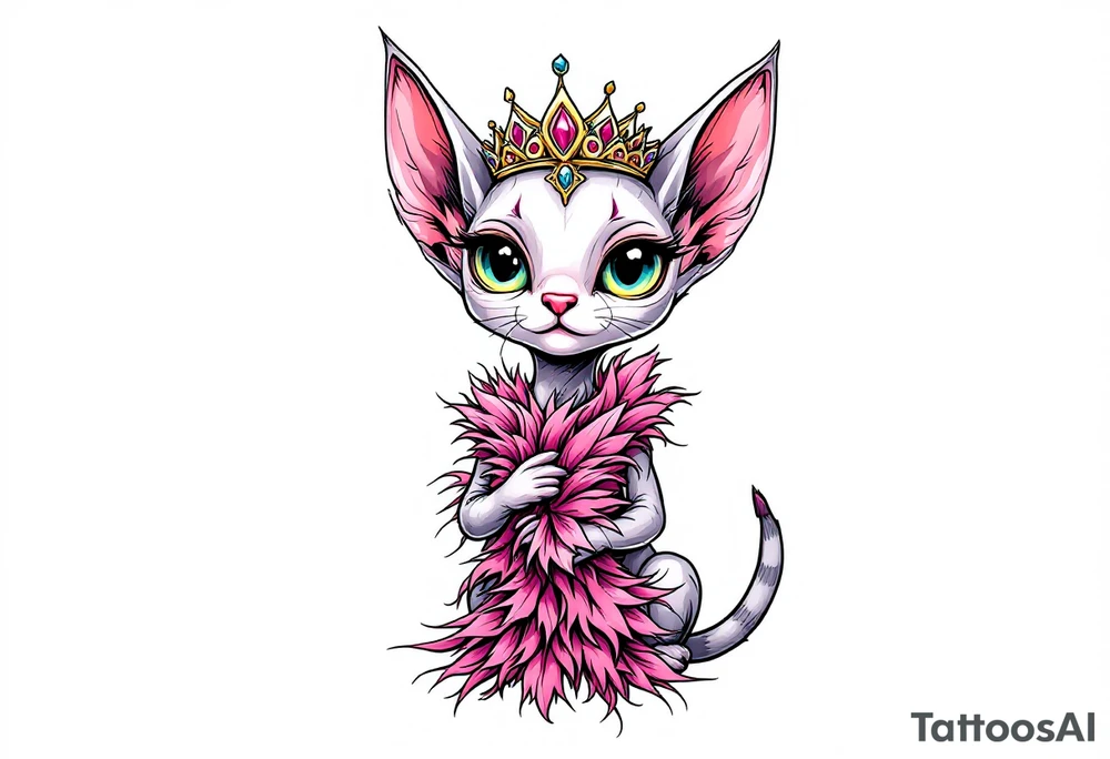 Chibi new school Glamorous sphinx cat holding 
pink feather boa and wearing a crown tattoo idea