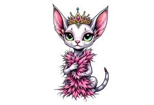 Chibi new school Glamorous sphinx cat holding 
pink feather boa and wearing a crown tattoo idea