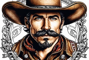 Cowboy at cross with handlebar mustache tattoo idea