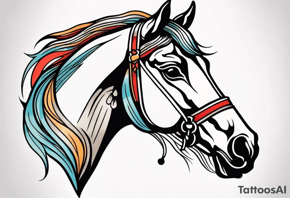 A horse head tattoo with a traditional design, 8x8 cm, in color. tattoo idea